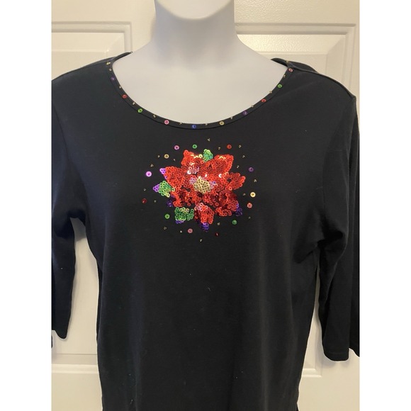 Quacker Factory Tops - Quacker Factory Shirt Women's Sz  Large Black‎ 3/4 Sleeve Sequin Red Flower